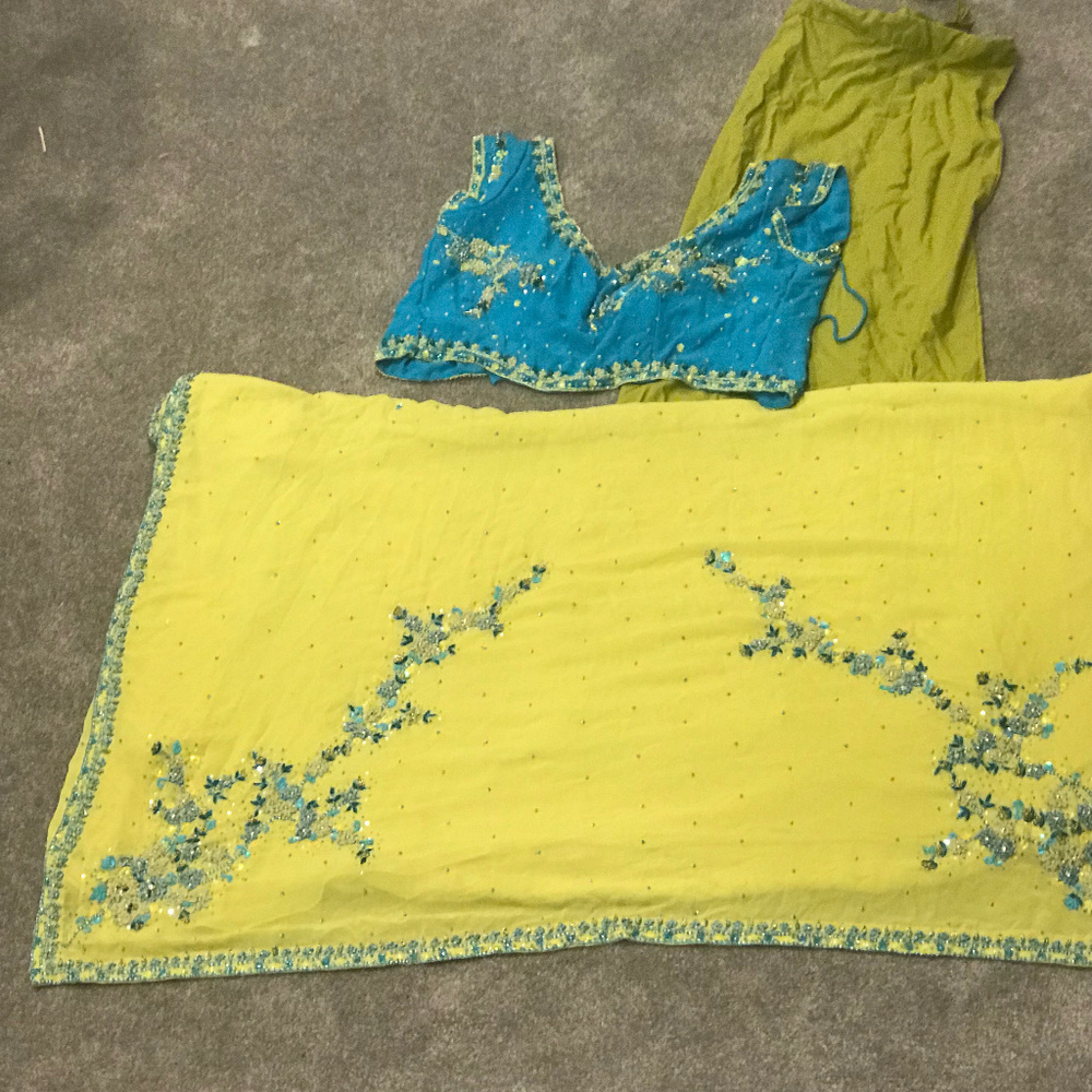 Excellent Indian Sari Green Blue Beaded 3 piece